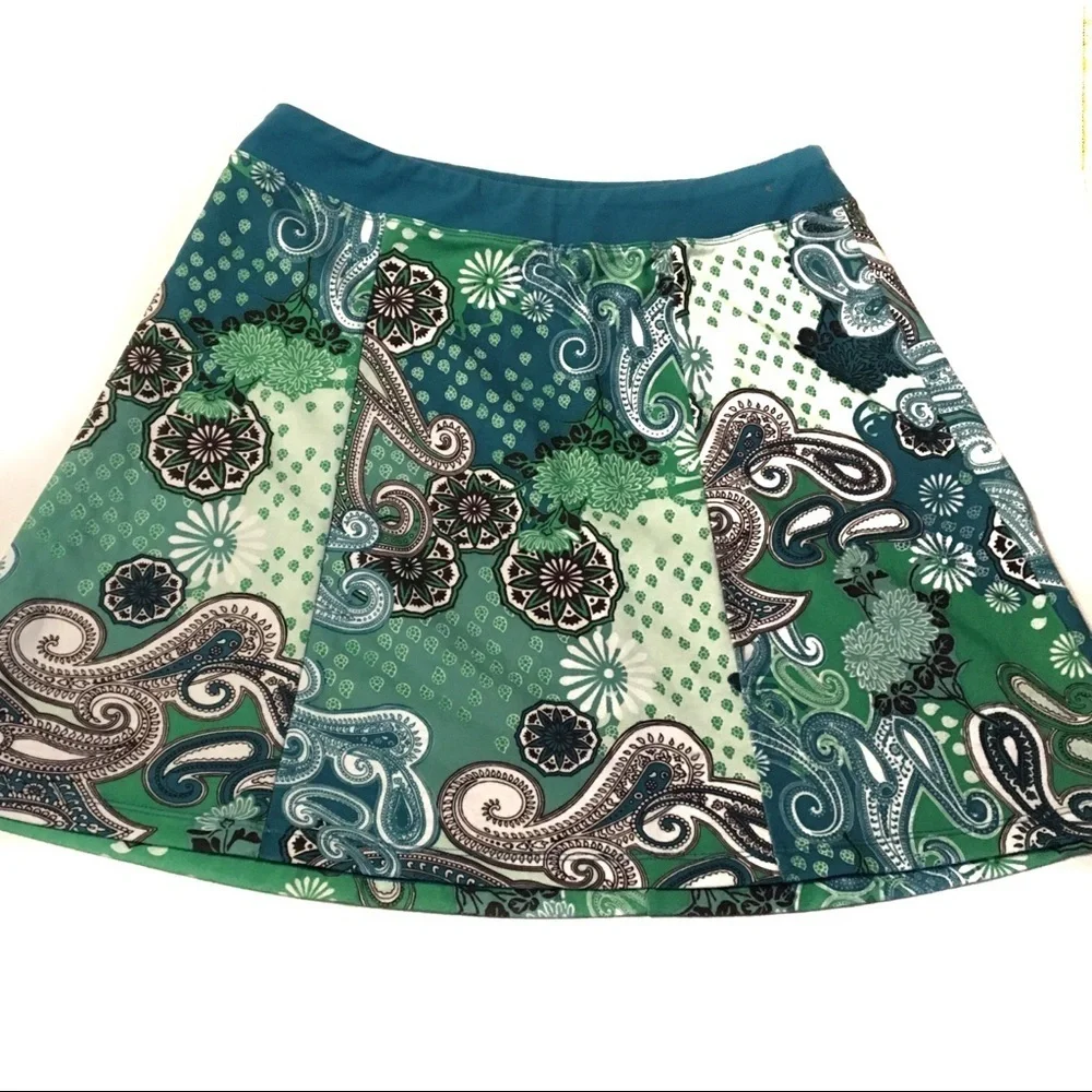 PrAna Paisley Aqua Teal Pull On Skirt Boho Coastal Travel Activewear Size Small